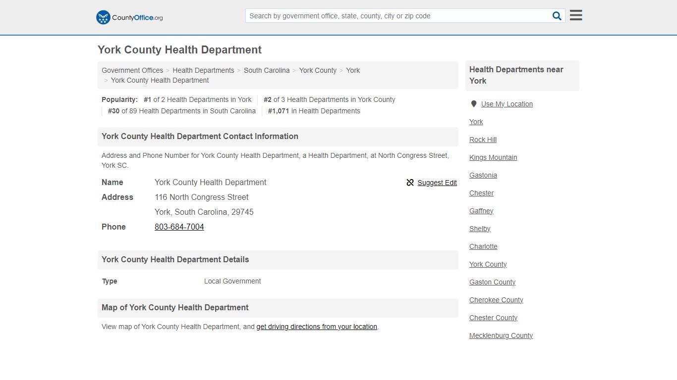 York County Health Department - York, SC (Address and Phone)